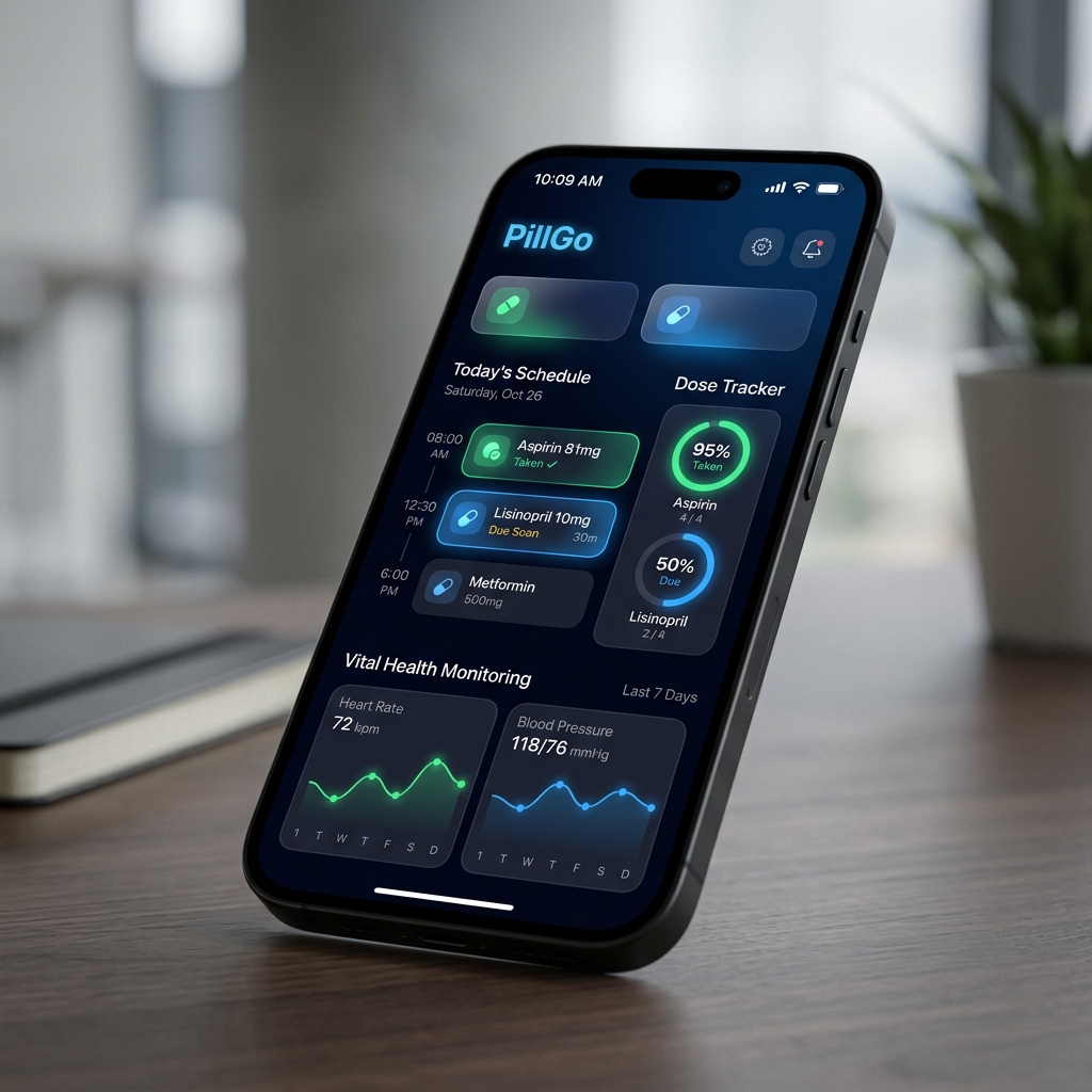 PillGo mobile app dashboard showing medication schedule and tracking