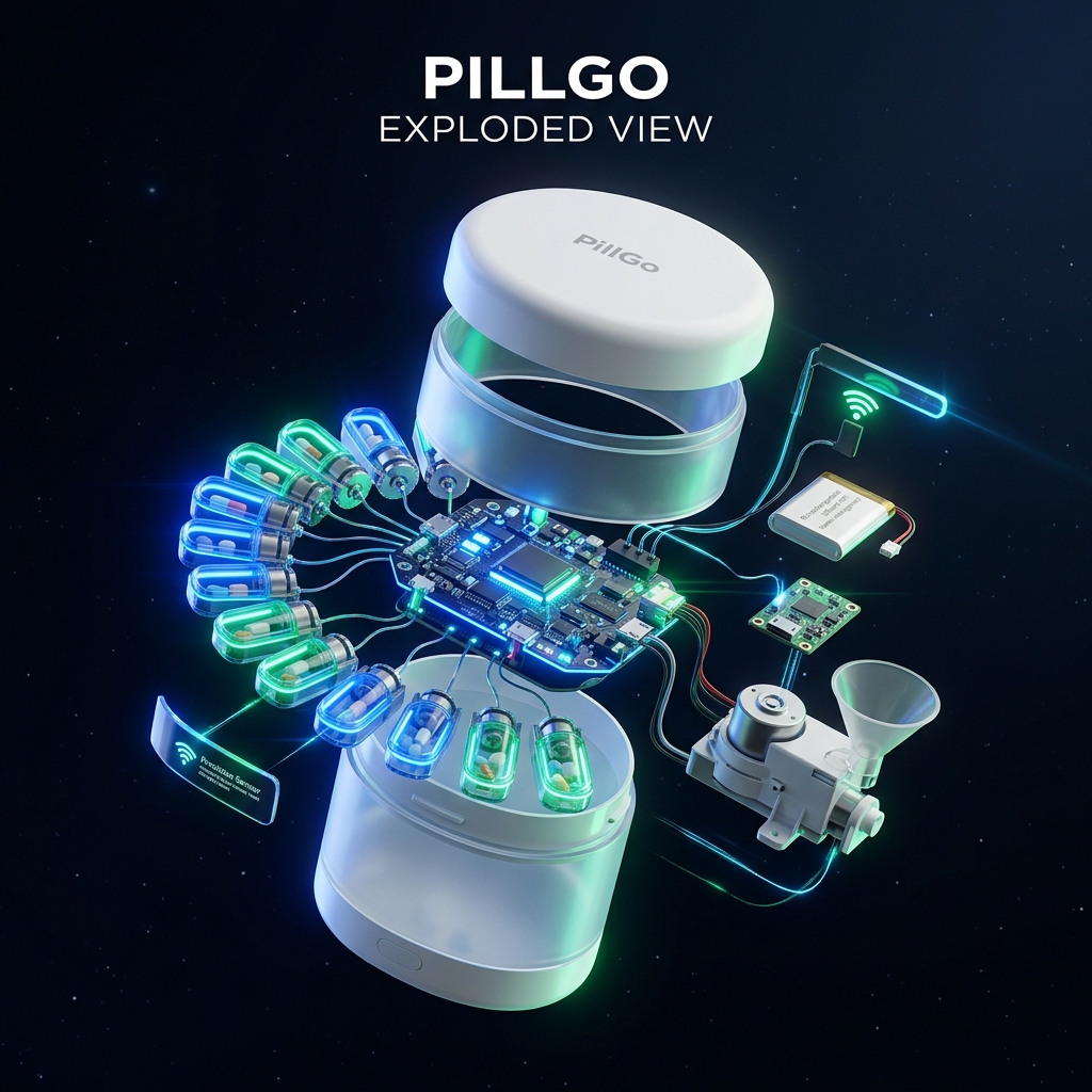 PillGo smart dispenser — exploded 3D view showing internal components